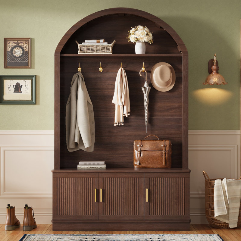 Farmhouse Arched Hall Tree with Storage Bench, Fluted Storage Cabinets, Adjustable Shelves and 5 Coat Hooks, Entryway Organizer
