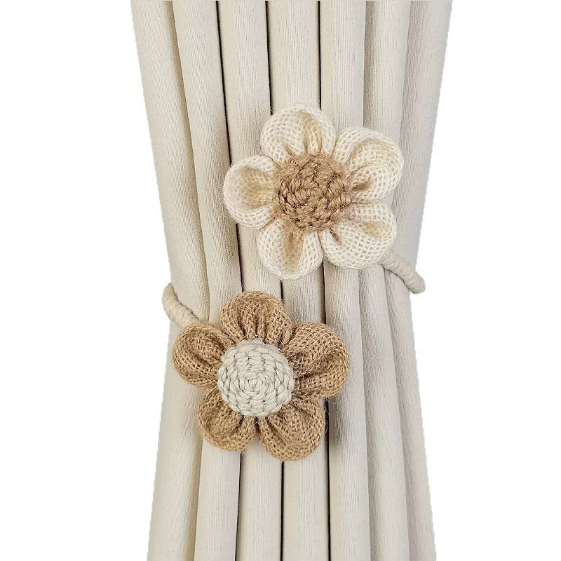 Rustic Flower Braided Rope Curtain Tiebacks, Beige+Brown