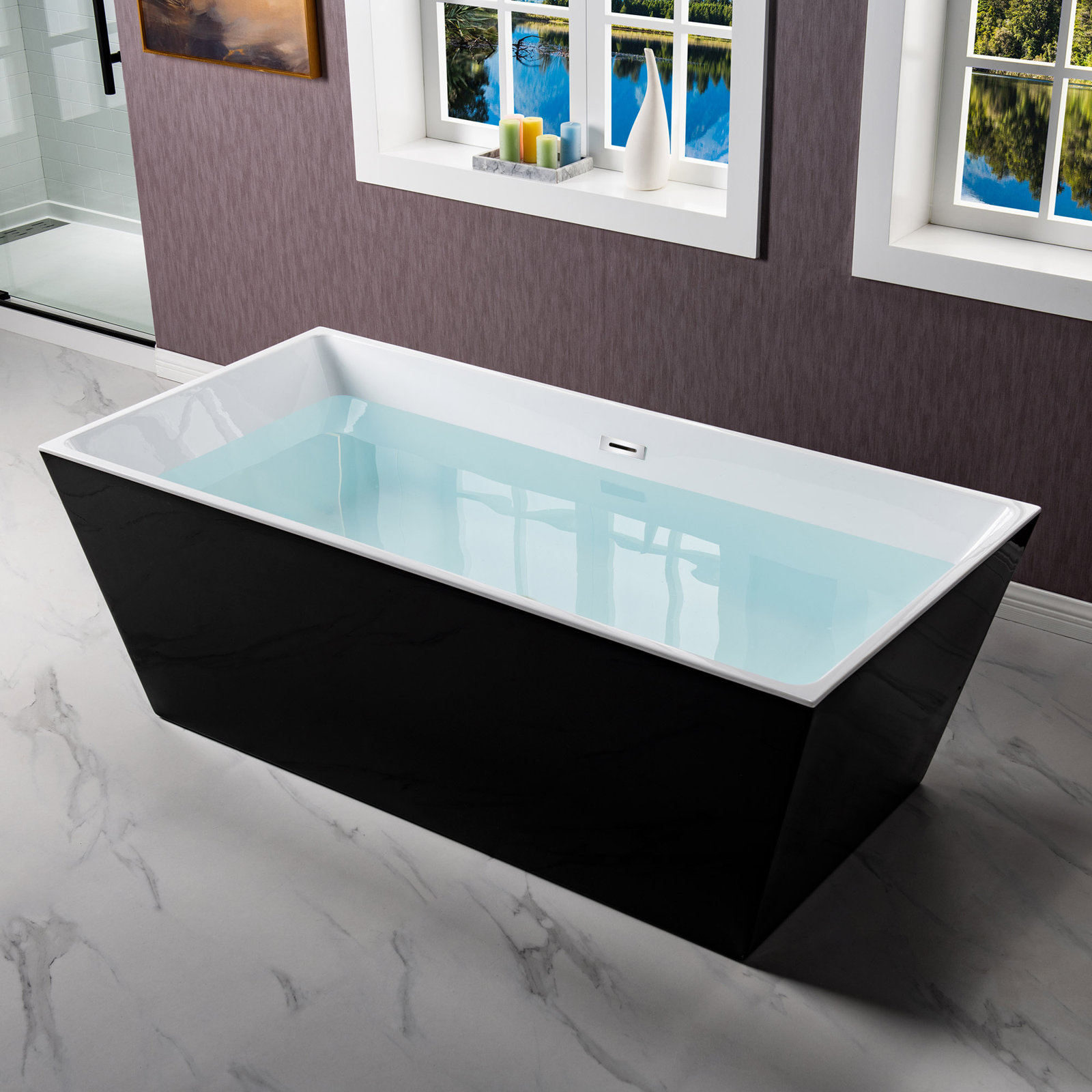 67" x 32" Freestanding Soaking Acrylic Rectangular Bathtub, Non-Slip Design, Glossy Black, Chrome