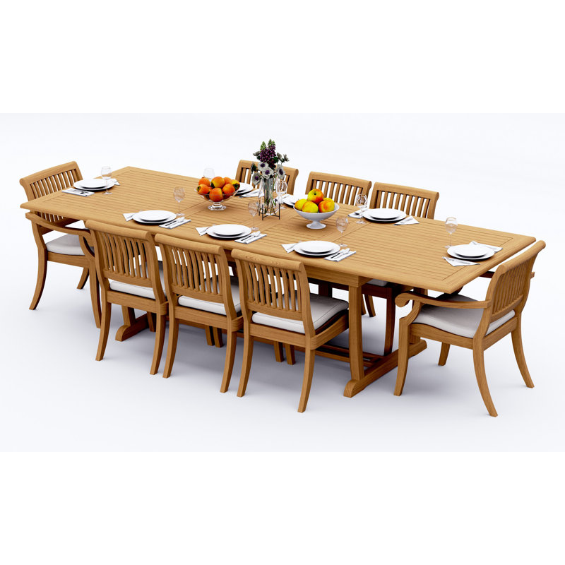  9 Pcs Grade-A Teak Wood Dining Set: 118" Double Extension Mas Rectangle Trestle Leg Table And Appel Stacking Chairs (2 Arm & 6 Armless Chairs) #11AB2502