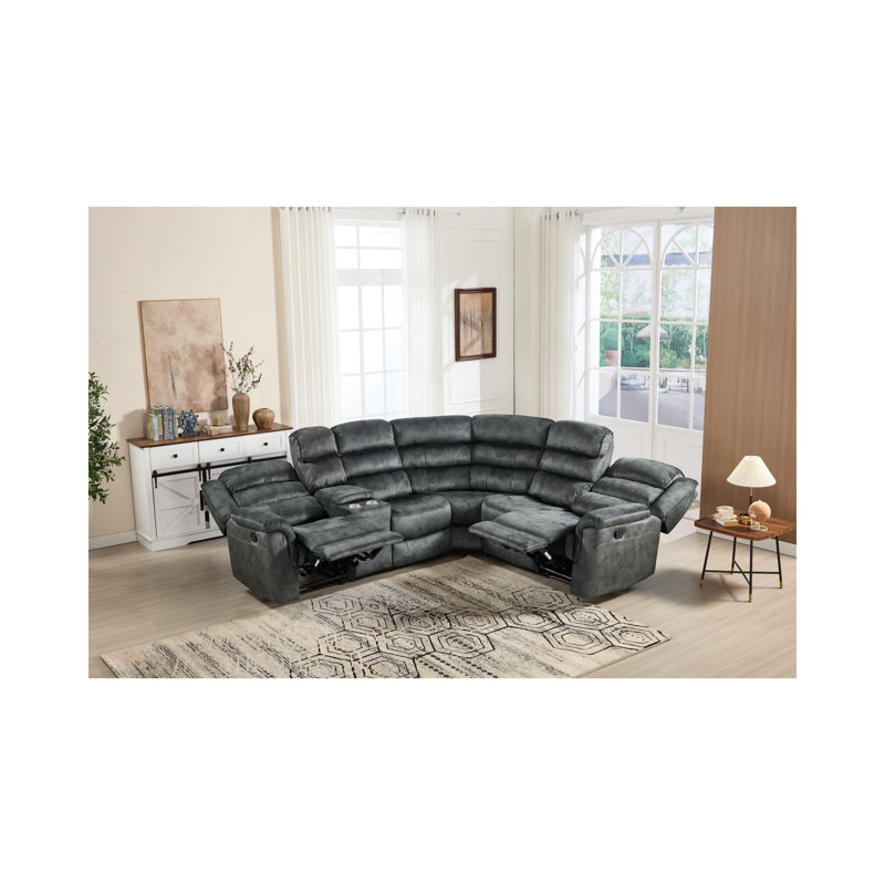Canapé d'angle inclinable manuel avec console de rangement et deux porte-gobelets de salon, Microfibre/microsuède gris