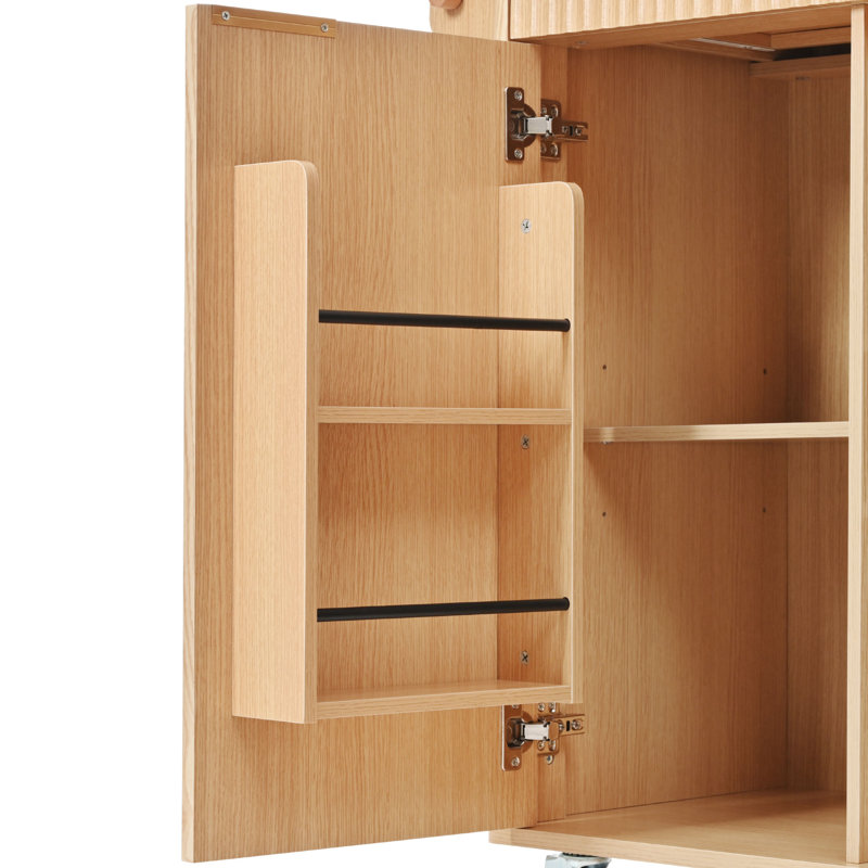 Exquisite Fluted Kitchen Island With Drop Leaf – Stylish Kitchen Storage Cart Featuring Power Outlet, Adjustable Shelves, 2 Doors, And 2 Drawers, Natural