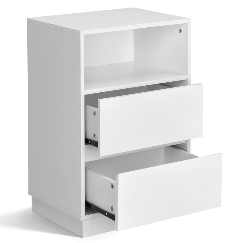15.7" White Nightstand, P2 Particleboard, Matte Melamine, Beveled Drawer, 2 Drawers (2 Pcs), White