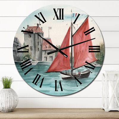 Paysage de remblai urbain avec un voilier - Horloge murale nautique et côtière