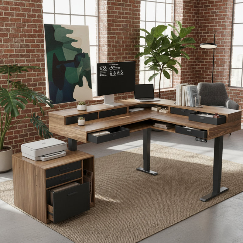 Bureau debout électrique en L de 65,5 po x 57,6 po avec 6 tiroirs de rangement et une armoire de rangement, un bureau de coin assis-debout à deux niveaux, un plateau multiprise et une gestion des câbles, une table de jeu à hauteur réglable