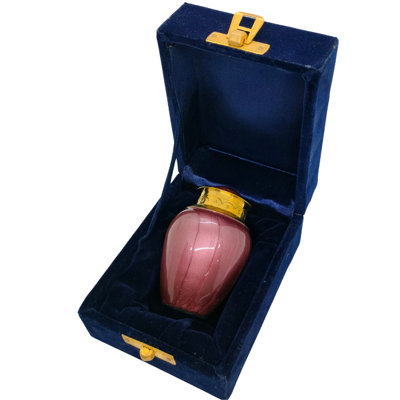 Solid Brass Etched with Pink Mother of Pearl Cremation Keepsake Single in Velvet Box for Human Ashes