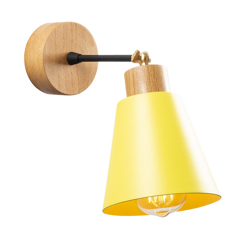 Lampe murale moderne avec corps en métal et base en bois, finition jaune, 5,5 po de diamètre x 9,8 po de hauteur | Douille E27 (40 W maximum) | Éclairage élégant et fonctionnel pour la décoration intérieure, indice de protection IP20 - idéal pour le salon et la chambre à coucher