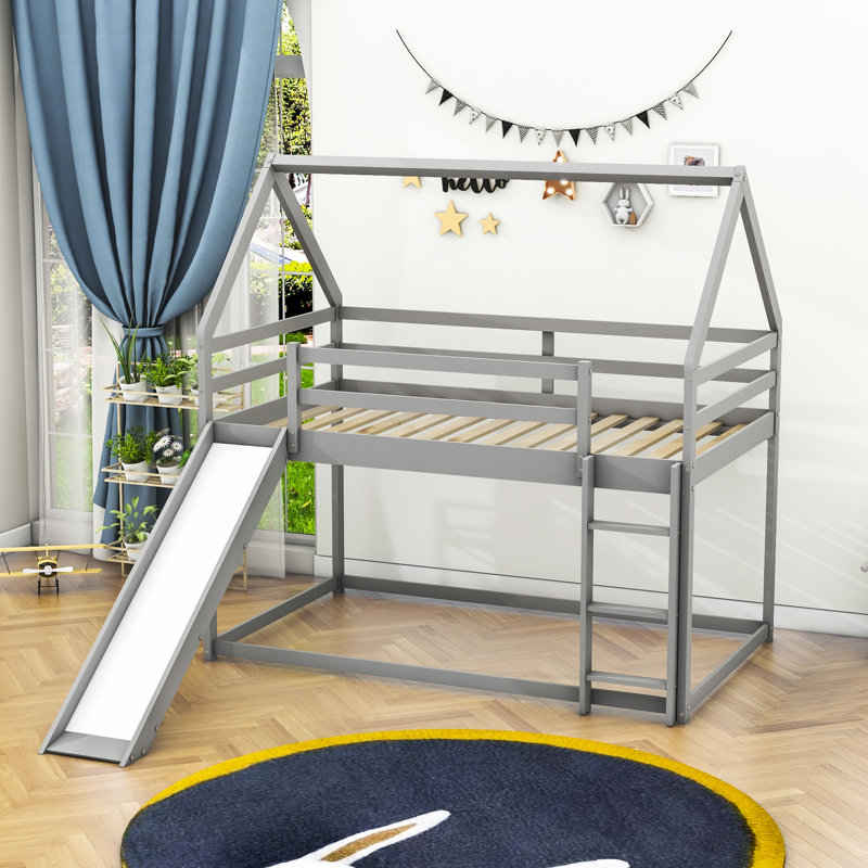 Lit simple superposé en bois avec glissade, gris