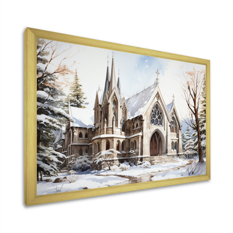 Chapelle de mariage blanche, aquarelle d'hiver rustique, H 34 po x l 44 po x P 1,5 po, Cadre doré à une seule photo
