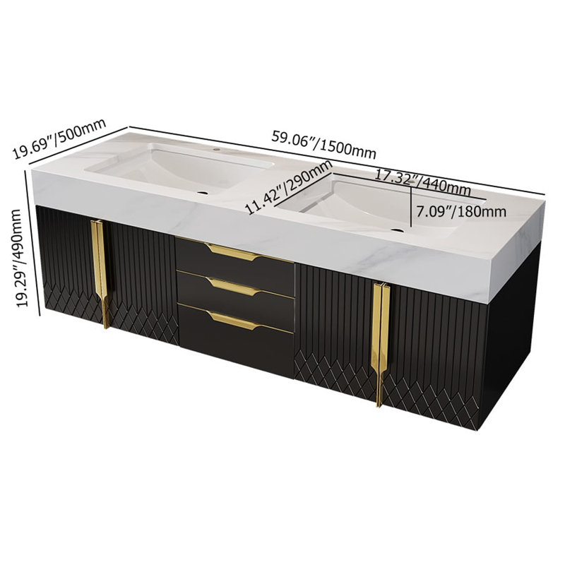 Ensemble de meuble-lavabo 59 po Aro Series, "" Noir / Or ""