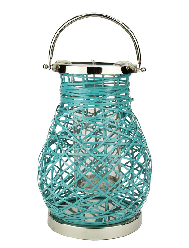 Lanterne-pilier moderne en fer tressé avec ouragan en verre, H 16,25 po x l 10 po x P 10 po, Bleu turquoise