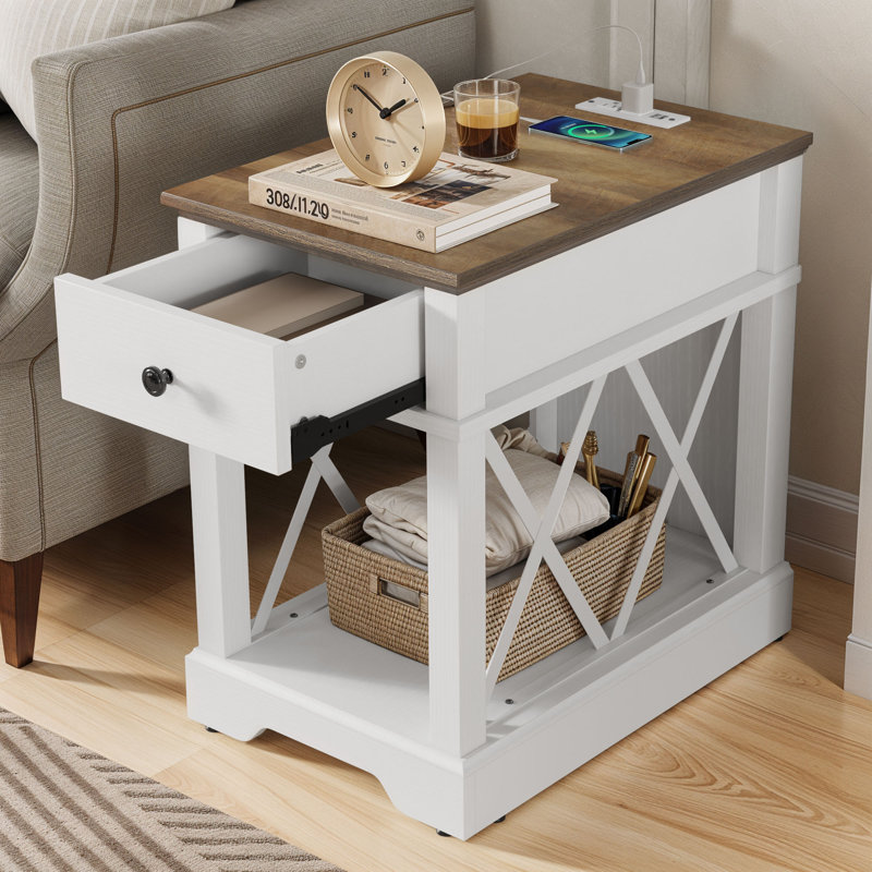 25.9''H Farmhouse End Table With Power Outlets, White/Brown
