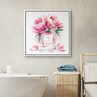 Pink Peony Perfume Bottle With Soft Floral Feminine Vanity Decor Framed Canvas Master Bedroom Wall Art Work Print