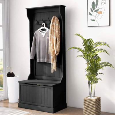 Amonta Hall Tree with Bench and Shoe Storage 28" 3-In-1 Entryway Hall Tree with Storage Bench, Coat Rack with Four Hooks and Shoe Storage
