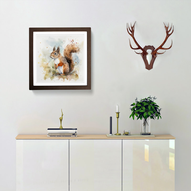 Squirrel Watercolour - Single Picture Frame Print on Wood, Walnut