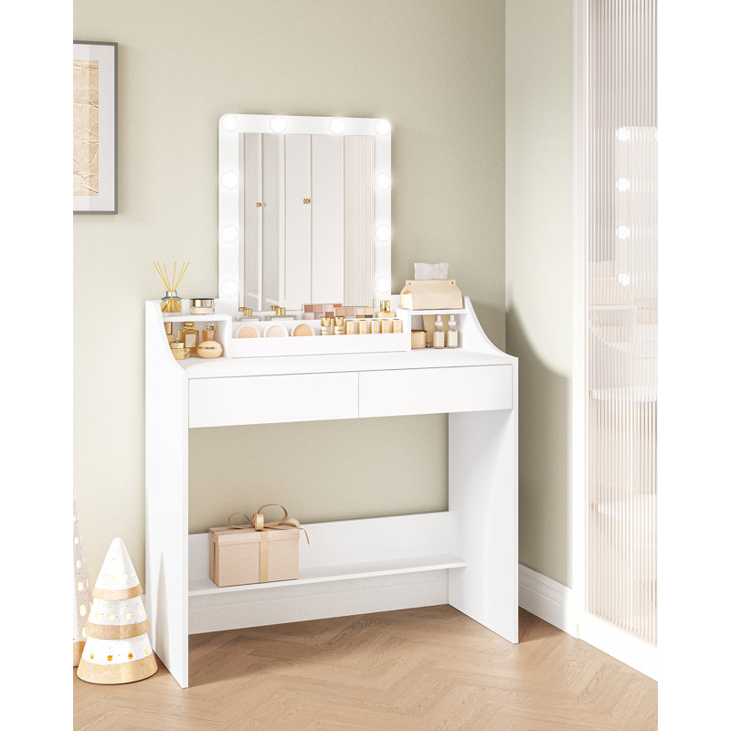 Dressing Table with LED Lights, Adjustable Brightness and Color, Vanity Table with Mirror, Vanity Desk with 2 Drawers and 2 Open Compartments