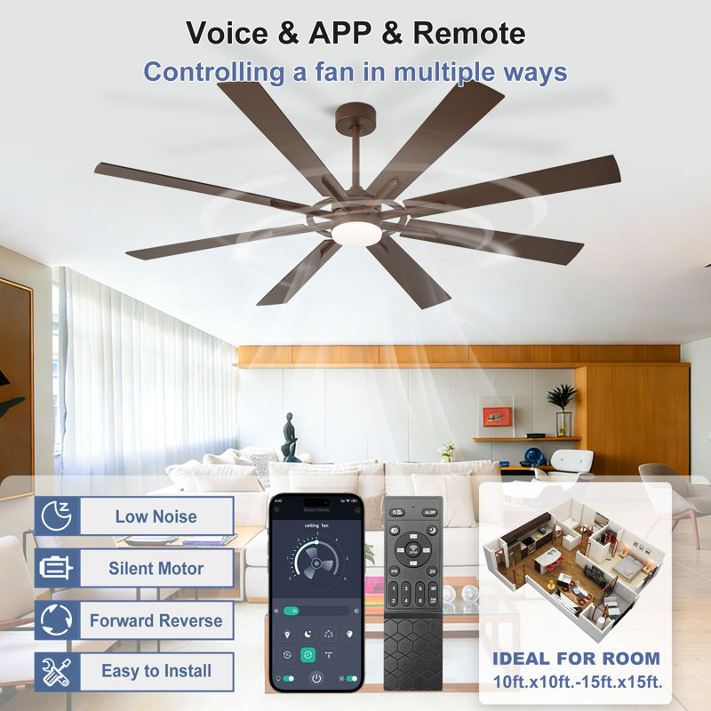 72 inch 8-Blade Ceiling Fan with LED Light Remote App Control Reversible Two-tone Fan Blades Brown & Wood Grain Brown Fan Body