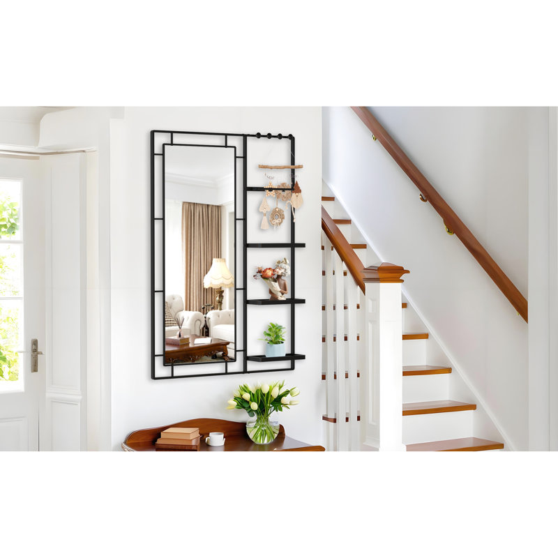Grand miroir de salle de bain 30 x 44 avec tablette - cadre noir pour la chambre à coucher et le salon - verre transparent, rouille, miroir en métal moderne, rouille d'entrée, fabrication