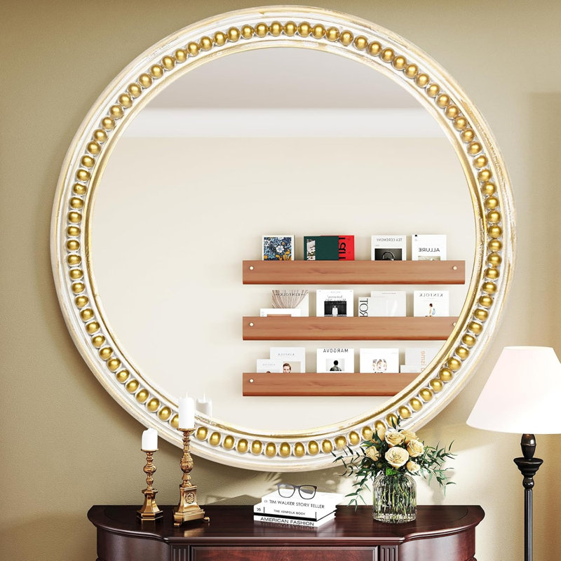 Miroir mural rond 30 pouces avec perles décoratives en bois doré