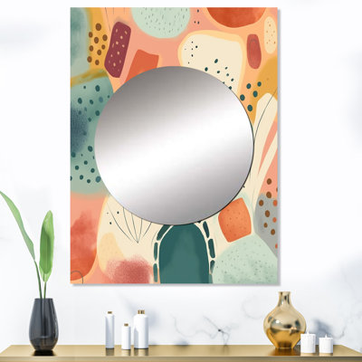Jaykwon orange amusant motif de formes I - grand miroir mural géométrique, miroir unique moderne, art imprimé en métal