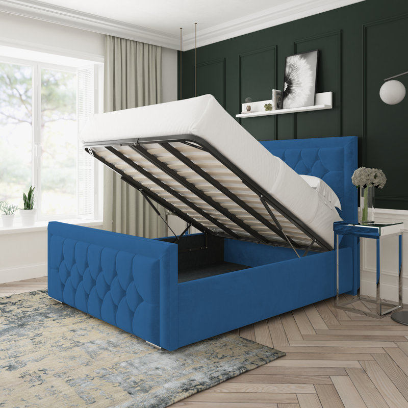Maple Naples Velvet Upholstered Ottoman Bed Frame, Blue, Double (4'6)