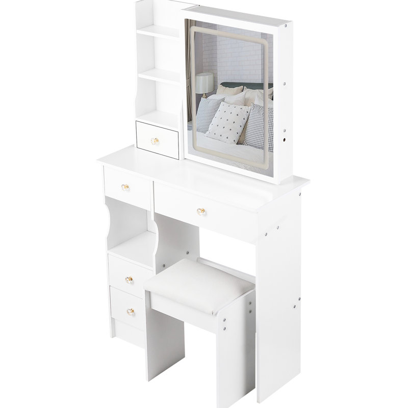 Small Space - Suitable Vanity Table And Cushioned Stool: 29.2" Left Drawer Desktop, Touch Operated Tri Color Brightness Adjustable Led Mirror Control, Switching,