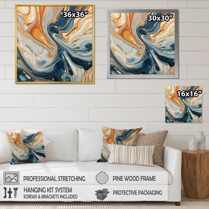 Bleu sarcelle, turquoise, symphonie turquoise, art mural abstrait, salon, H 36 po x l 36 po x P 1,5 po, Cadre flottant doré