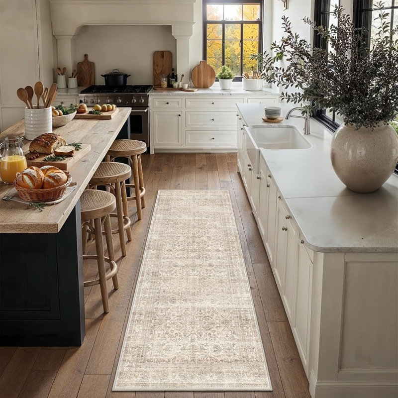 Tapis délavé lavable, antidérapant et doux, Runner 2'x6', Beige