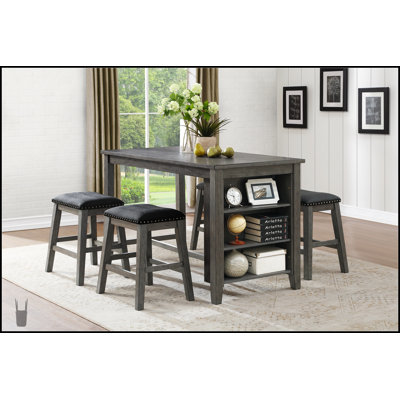 Ensemble de salle à manger 5 pièces à hauteur de comptoir gris avec table multifonctionnelle et 4 tabourets confortables, revêtement en similicuir noir, garniture cloutée