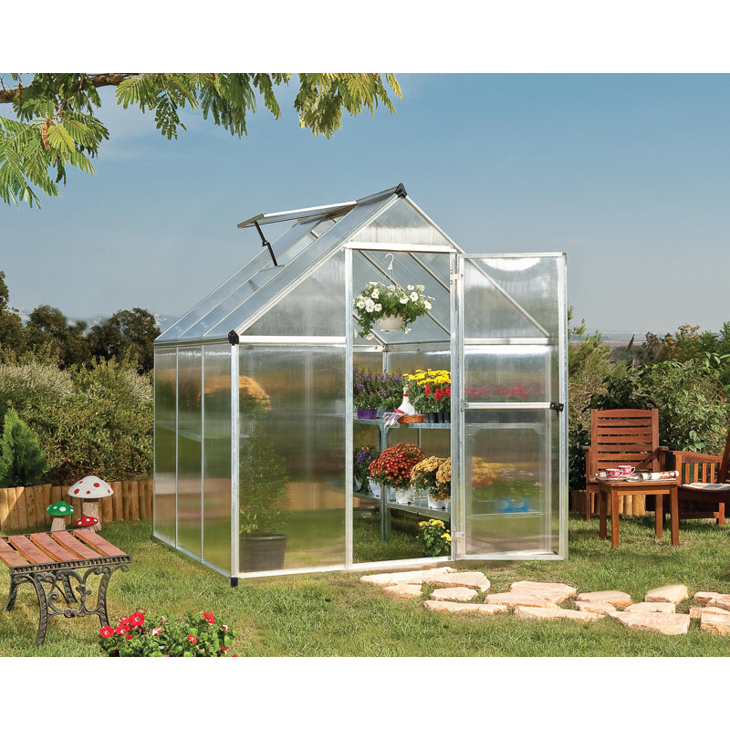 Palram - Canopia Mythos 6' W X 6' D Greenhouse Walk-In Hobby Twin Wall Polycarbonate Aluminum Frame Greenhouse Kit With Roof Vent - Silver