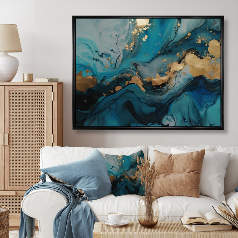 Exploration des profondeurs de la géode bleue dorée II - reproduction, H 12 po x l 20 po x P 1 po, Cadre flottant noir