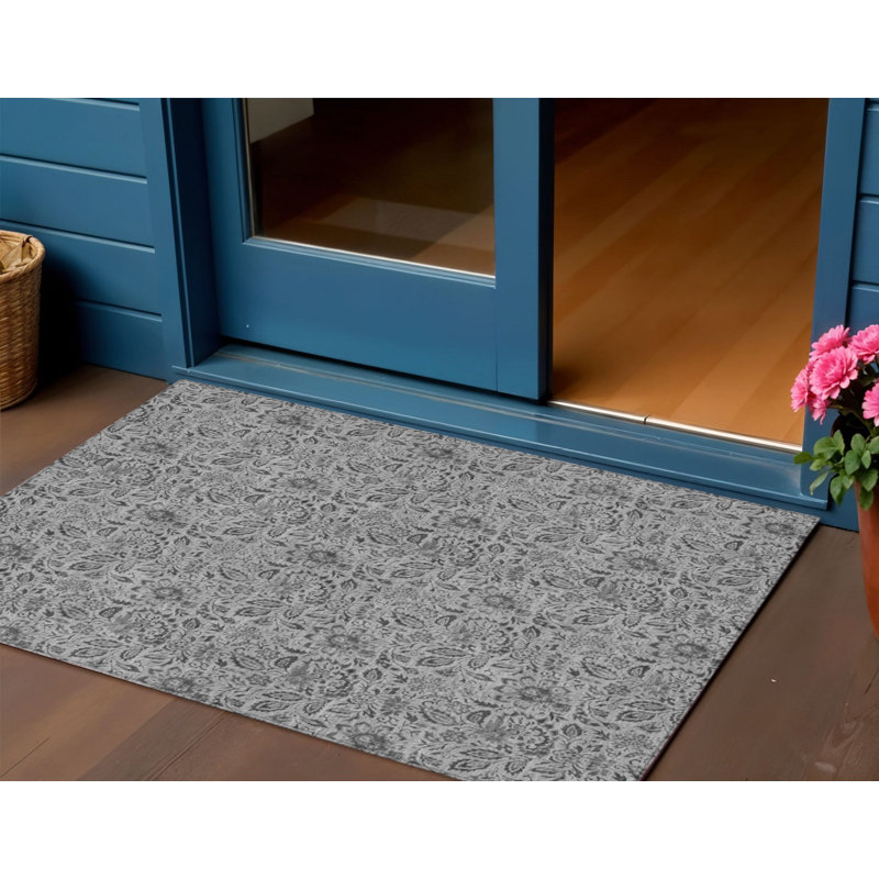 3' X 5' Gray Silver And Charcoal Floral Washable Indoor Outdoor Area Rug