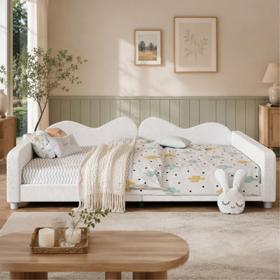 Full Size Upholstered Daybed, Sherpa Fabric Sofabed with Cloud-Shaped Backrest, No Box Spring Needed