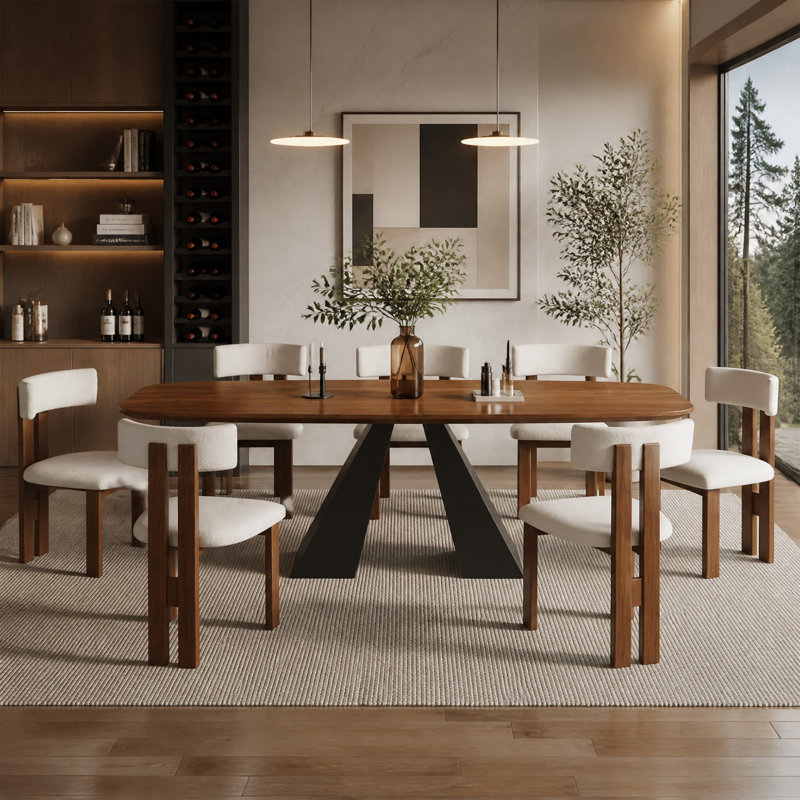 Ensemble de table de salle à manger 86,6 pouces en bois avec 6 chaises rembourrées, table de salle à manger moderne en bois avec base en métal noir robuste en forme de V pour la salle à manger et la cuisine