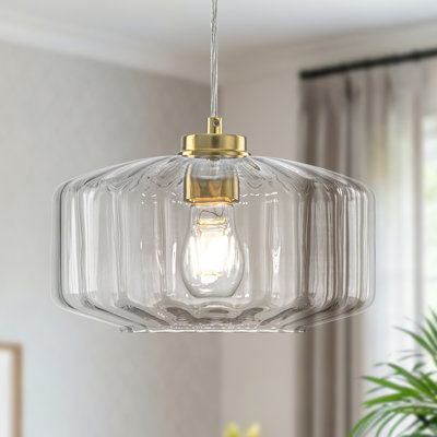 1-Light 11.02" W Dimmable Modern Drum Clear Ribbed Glass Pendant Light Fixture For Bedroom, Kitchen Island