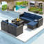 Ensemble de conversation modulaire d'extérieur en osier 7 pièces, ensemble de conversation en rotin avec coussin, bleu-1032472702