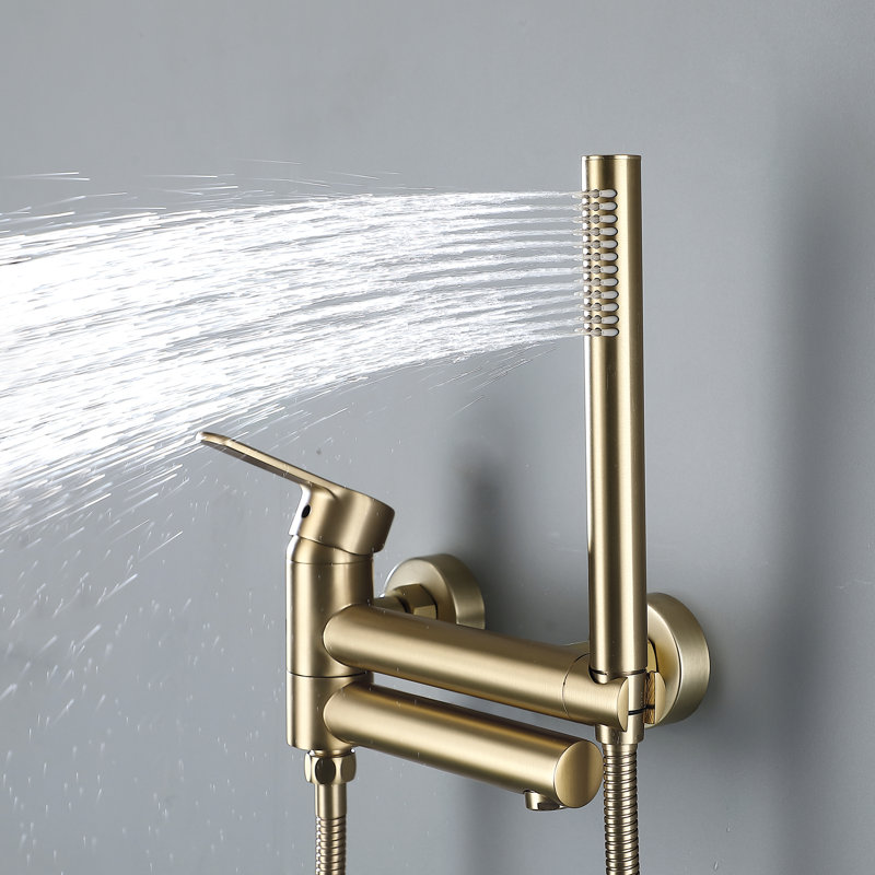 Solid Brass Wall Mounted Tub Faucet with Adjustable Tub Spout And Handheld Shower, Brushed Gold