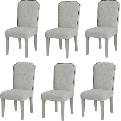 Ensemble de chaises de salle à manger rembourrées, chaises en bois avec pieds en bois, chaise de salle à manger rembourrée à haut dossier avec garniture cloutée, chaise d'appoint en tissu pour salle à manger (gris, 6 pièces)