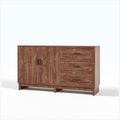 59.1-Inch Farmhouse Buffet Sideboard with 2 Doors and 3 Drawers, Walnut Finish with Oval Grain Texture, Storage Cabinet for Dining Room, Living Room and Hallway