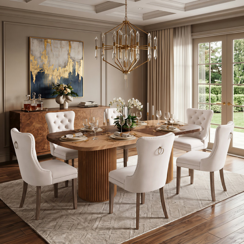 Ensemble de table de salle à manger rectangulaire 79 "avec piédestal de rangement et chaises capitonnées, Bois brun / naturel