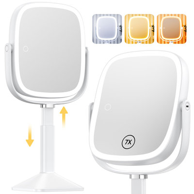 Miroir de maquillage rectangulaire lumineux avec lumières et miroir grossissant 1X / 7X, réglable en hauteur et rechargeable de 4000 mah pour la chambre à coucher, grande surface de 8,5 po x 7,4 po, gradation continue - blanc
