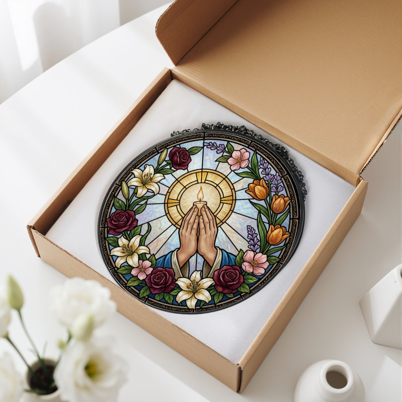 Praying Hands Stained Glass Window Panel，12"H, 12"H