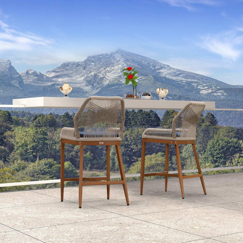 24'' Patio Hexagon Backrest Aluminum Sunbrella Upholstered Bar & Counter Stool with H-Shape Footrest, Navy Blue