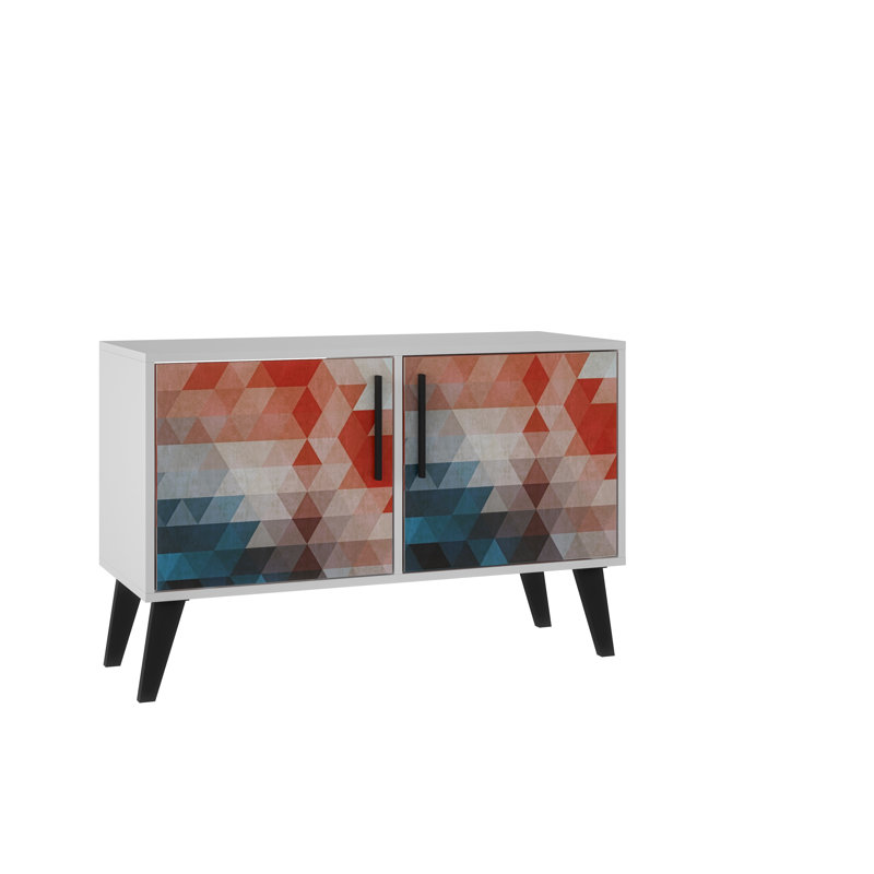 Armoire d'appoint Amsterdam Mid-Century 2 portes avec 3 tablettes en blanc et multicolore, Rouge/bleu