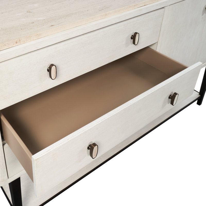 Desserte en métal vanille, 3 tiroirs de rangement, glissières à fermeture automatique, blanc, bois massif +, base prête pour l'électricité, glissières et charnières à fermeture en douceur, finition blanche