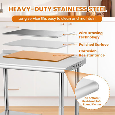 Stainless Steel Table, 24"Metal Prep Table with Backsplash & Adjustable Undershelf,Curved Edge,Heavy Duty Food Prep Worktable with Hooks for Home