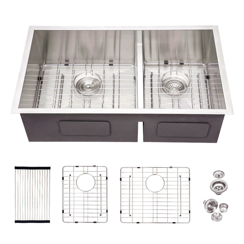 Évier de cuisine encastrable 33 x 19 x 10 po à double cuve (60/40) - calibre 16 avec deux cuves profondes de 10 po