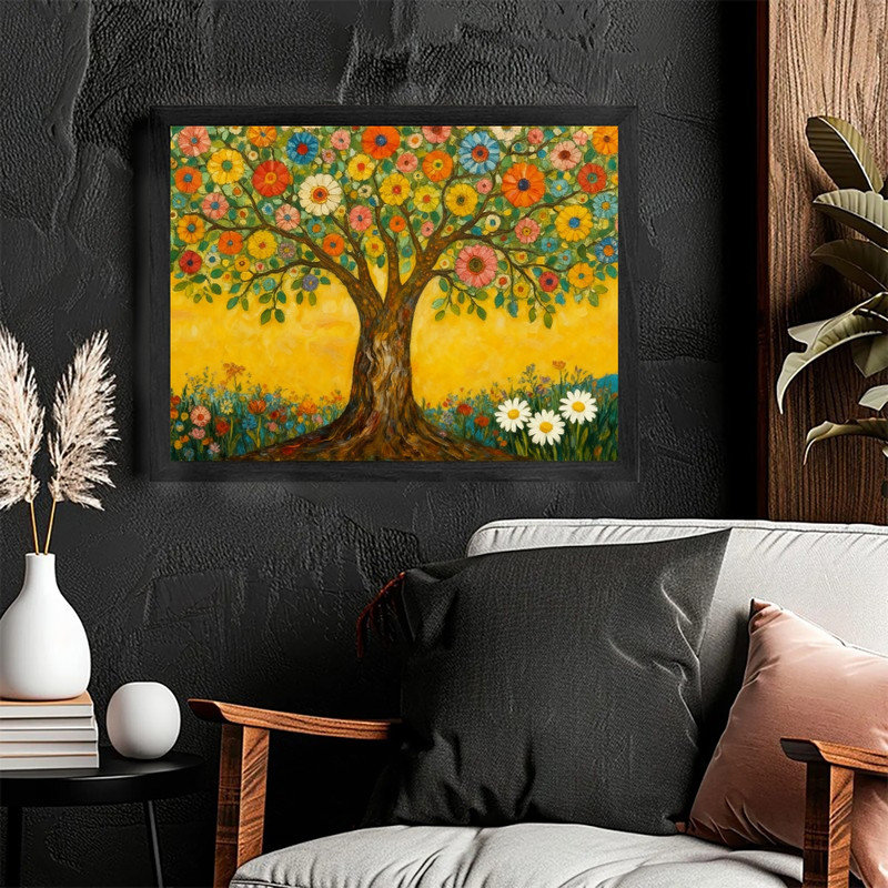 Black Framed Gustav Klimt-Inspired Floral Tree Wall Art - Vibrant Art Nouveau Bohemian Decor Framed Prints, 9" H x 11" W