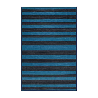 Machine Washable Horizontal Stripes Blue Area Rug