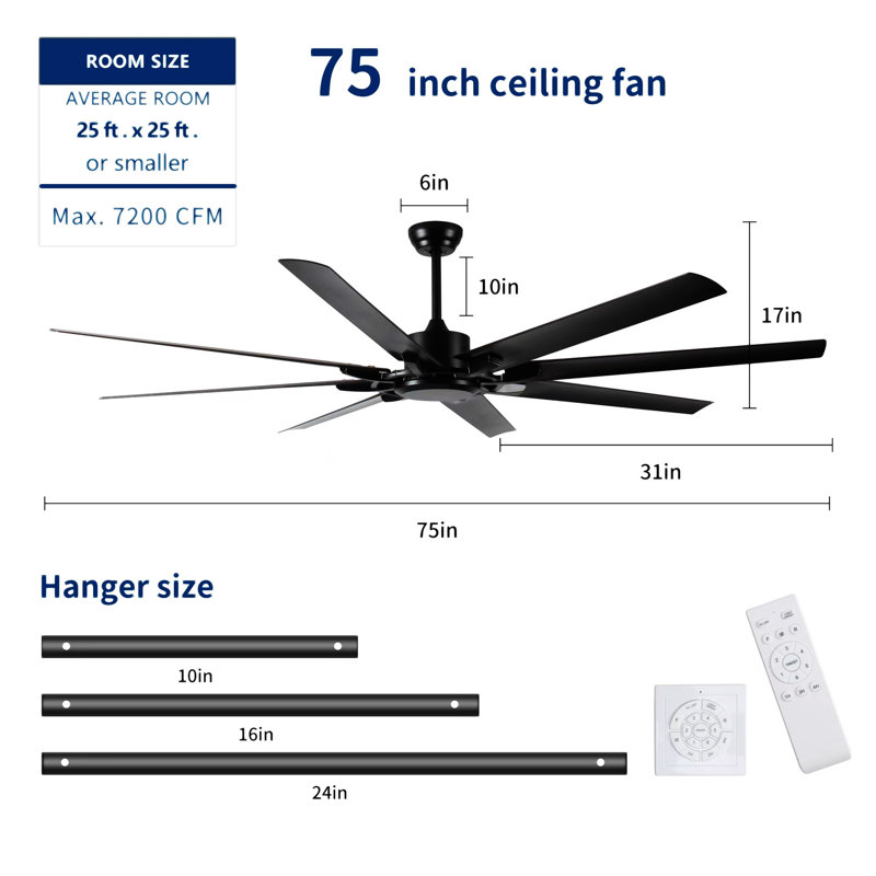 Ventilateur de plafond à moteur à courant continu de 75 pouces sans lumière